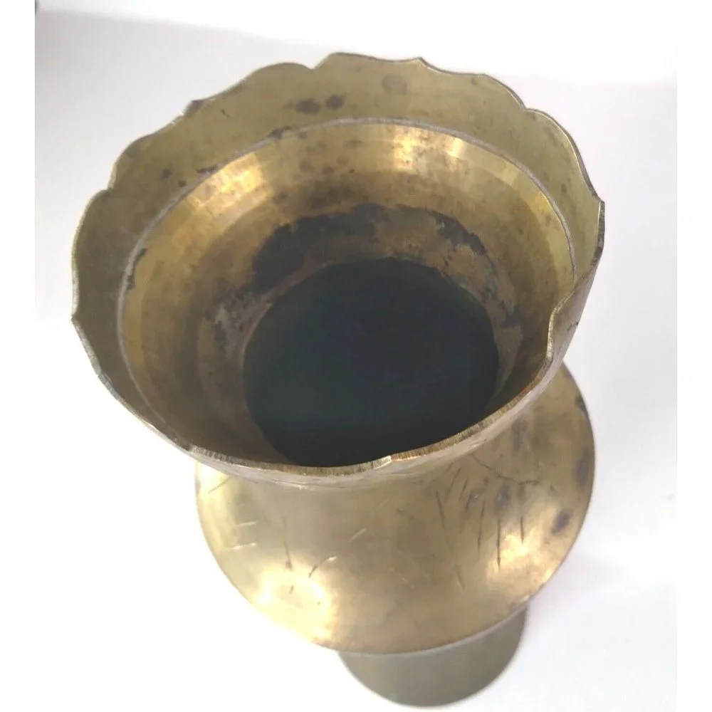 Antique Hand Etched‎ Brass Vase 7.75'' Tall Vintage